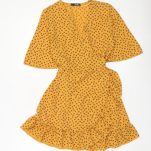 Quiz Women Yellow Polka Dot Wrap Mini Dress Size 8 Ruffle Hem