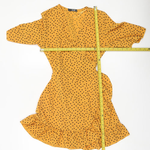 Quiz Women Yellow Polka Dot Wrap Mini Dress Size 8 Ruffle Hem