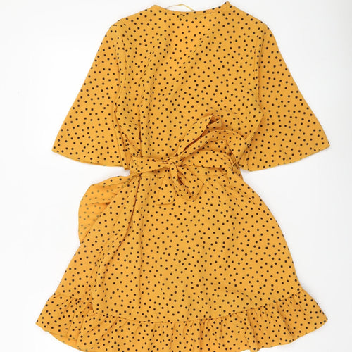 Quiz Women Yellow Polka Dot Wrap Mini Dress Size 8 Ruffle Hem