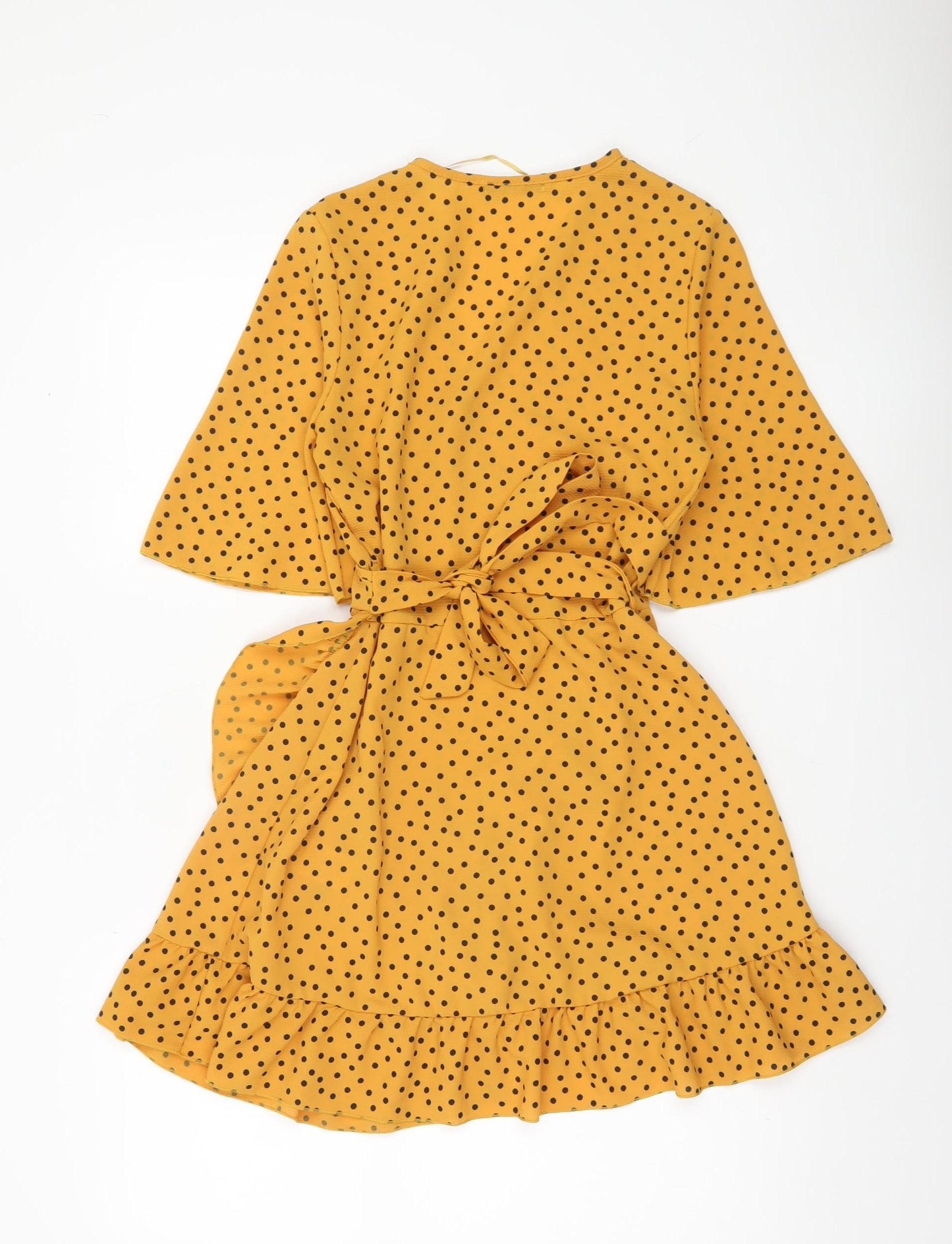 Quiz Women Yellow Polka Dot Wrap Mini Dress Size 8 Ruffle Hem