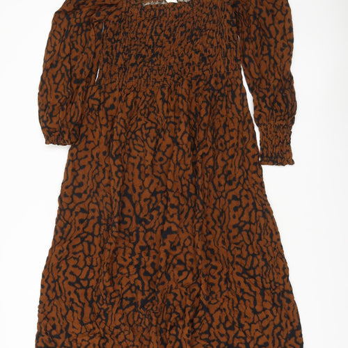 H&M Women’s Brown Animal Print Midi Smocked Dress Size 8