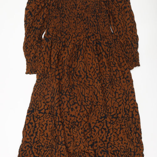 H&M Women’s Brown Animal Print Midi Smocked Dress Size 8
