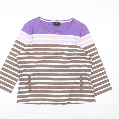 Viyella Women’s Purple Brown Striped Cotton Top L 3/4 Sleeve