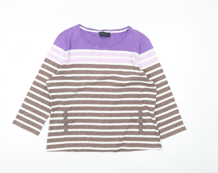 Viyella Women’s Purple Brown Striped Cotton Top L 3/4 Sleeve
