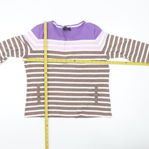 Viyella Women’s Purple Brown Striped Cotton Top L 3/4 Sleeve