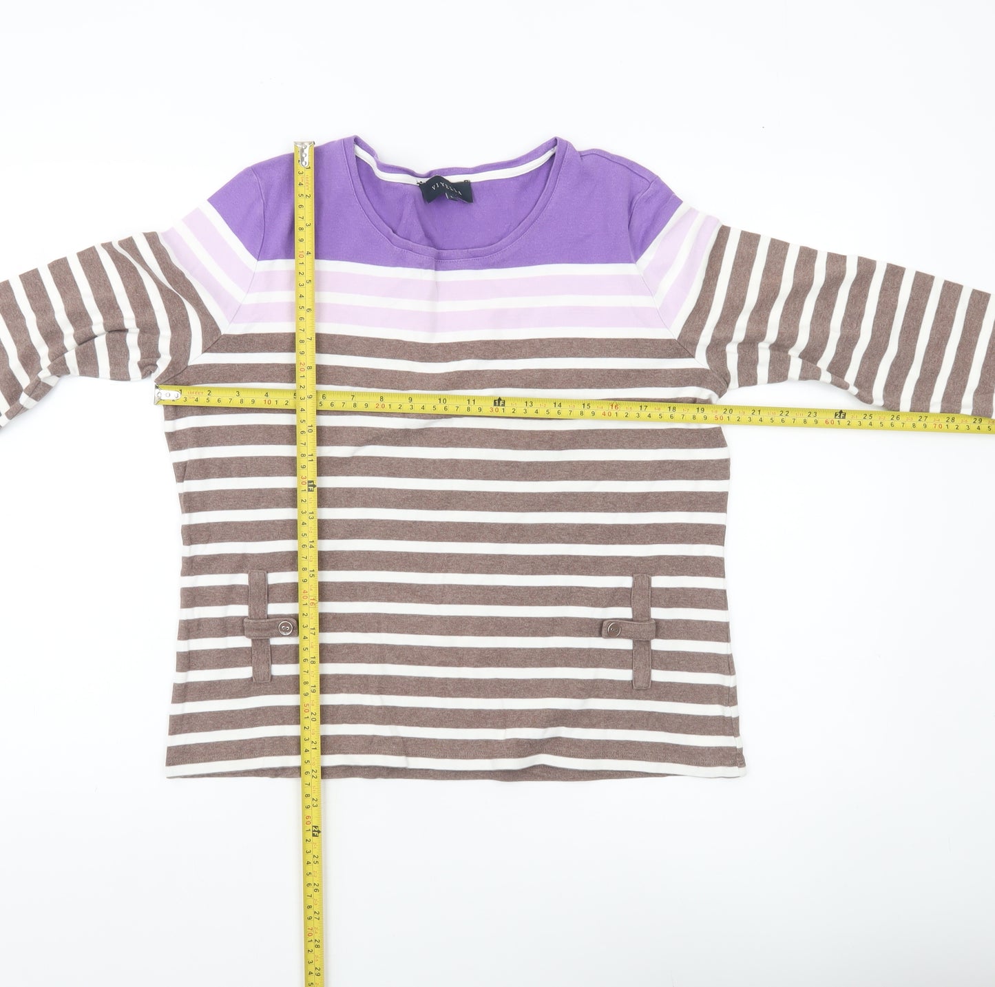 Viyella Women’s Purple Brown Striped Cotton Top L 3/4 Sleeve