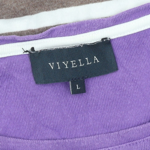 Viyella Women’s Purple Brown Striped Cotton Top L 3/4 Sleeve