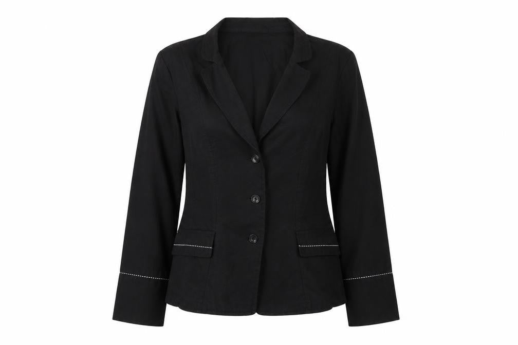 Front view of Chicc Collection women’s black linen blazer jacket, size UK 14, single breasted