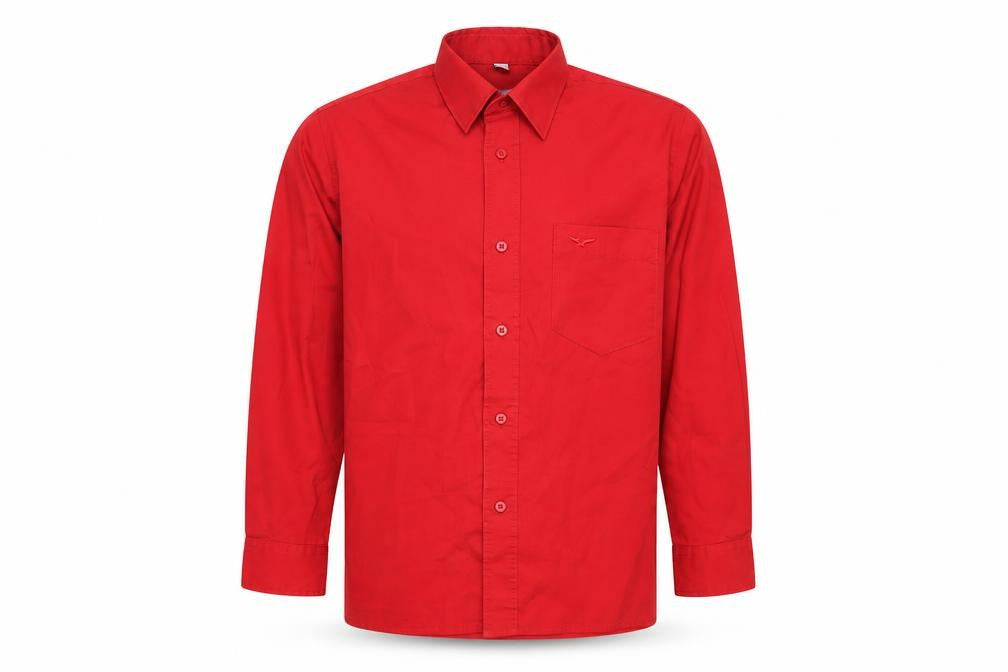 Front view of Hunter boys’ red button-up long sleeve shirt, size 12, years polyester cotton