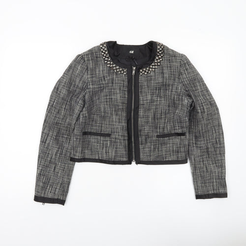 H&M Women’s Grey Tweed Studded Collar Cropped Blazer Size 10