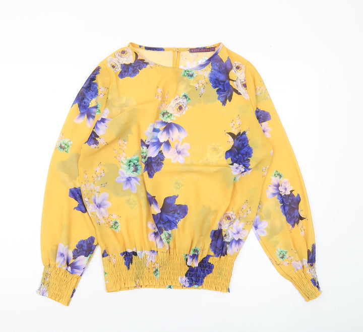 Kate + Pippa Womens Yellow Floral Chiffon Tunic Blouse Size S