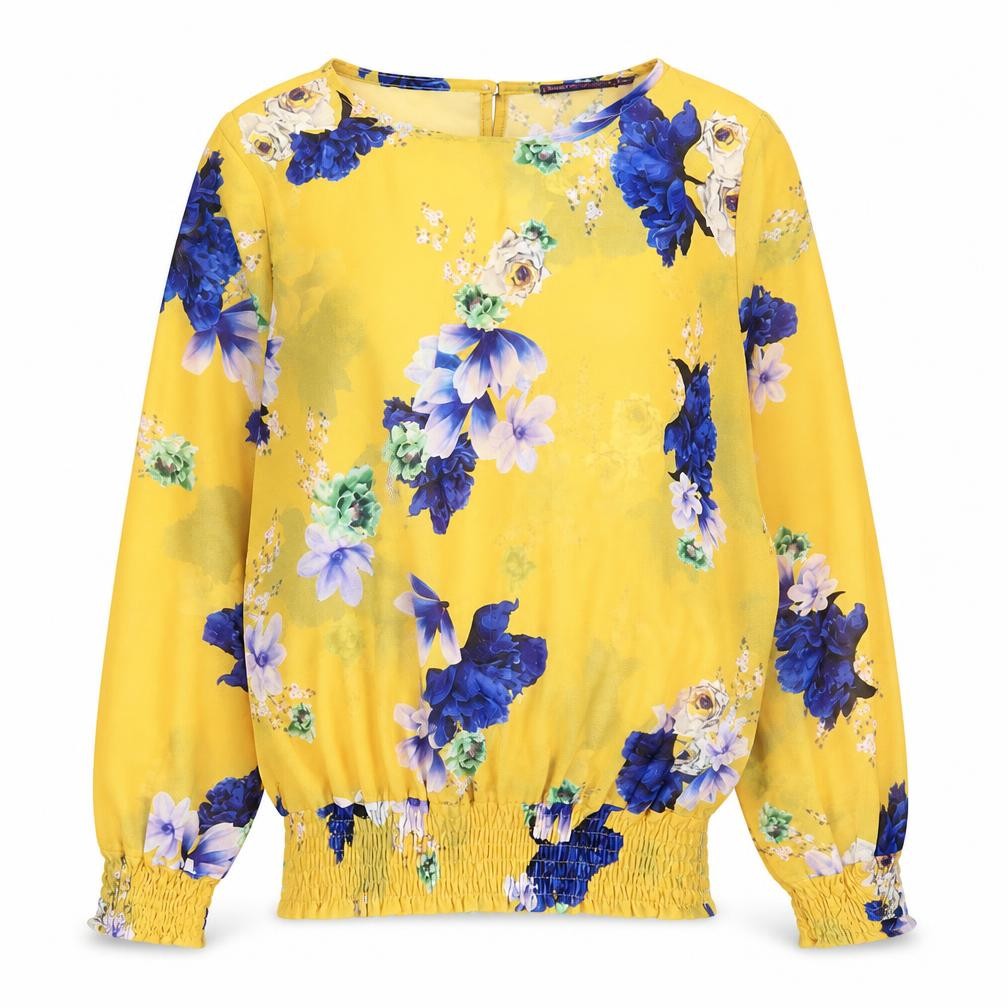 Front view of Kate + Pippa women’s yellow floral chiffon tunic blouse, size S