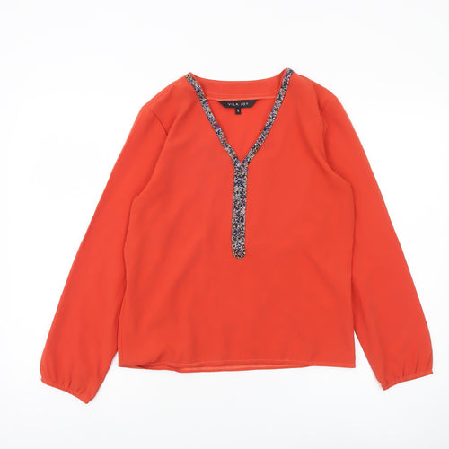 Vila Joy Womens Red V-Neck Beaded Tunic Blouse Size S