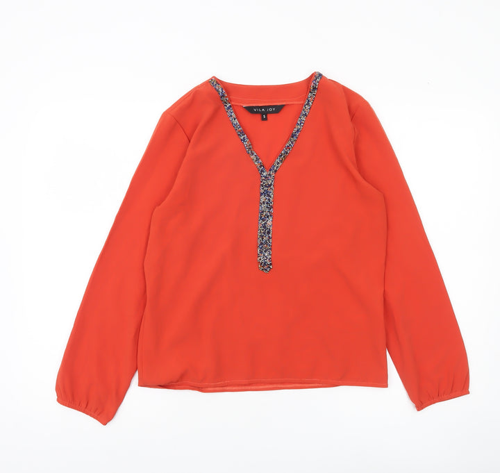 Vila Joy Womens Red V-Neck Beaded Tunic Blouse Size S