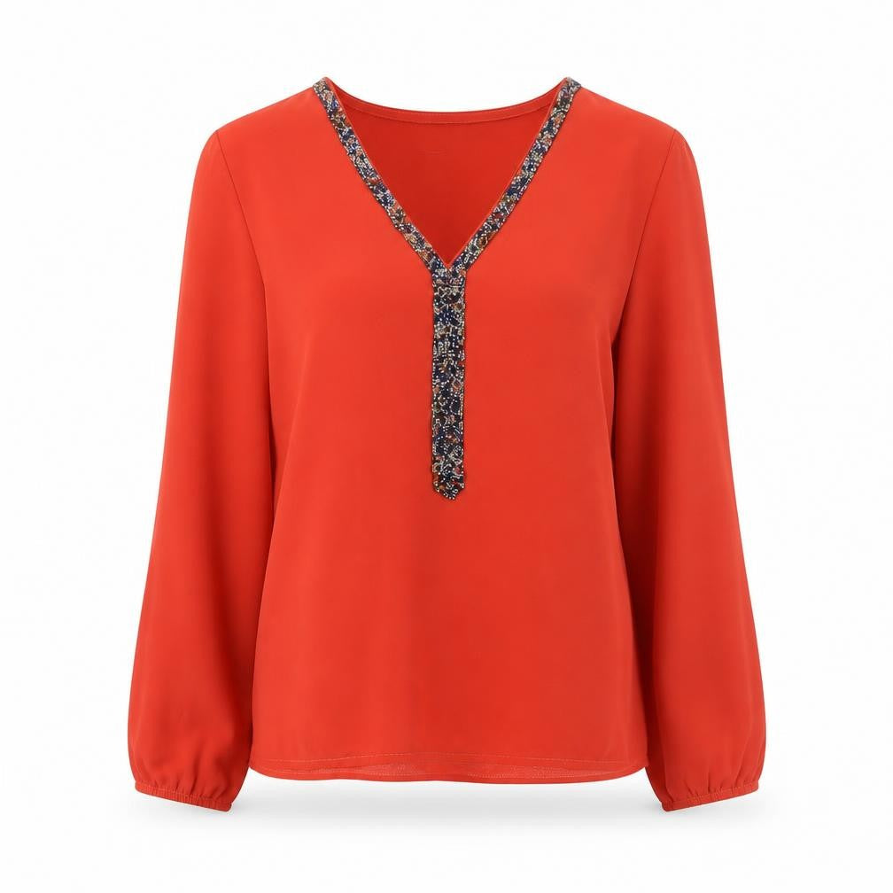 Front view of Vila Joy women’s red v-neck beaded tunic blouse, size S