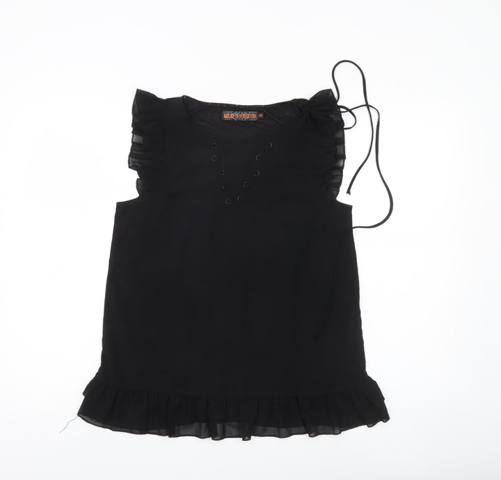 QED London Womens Black Ruffle Tunic Blouse Size 10 Sleeveless