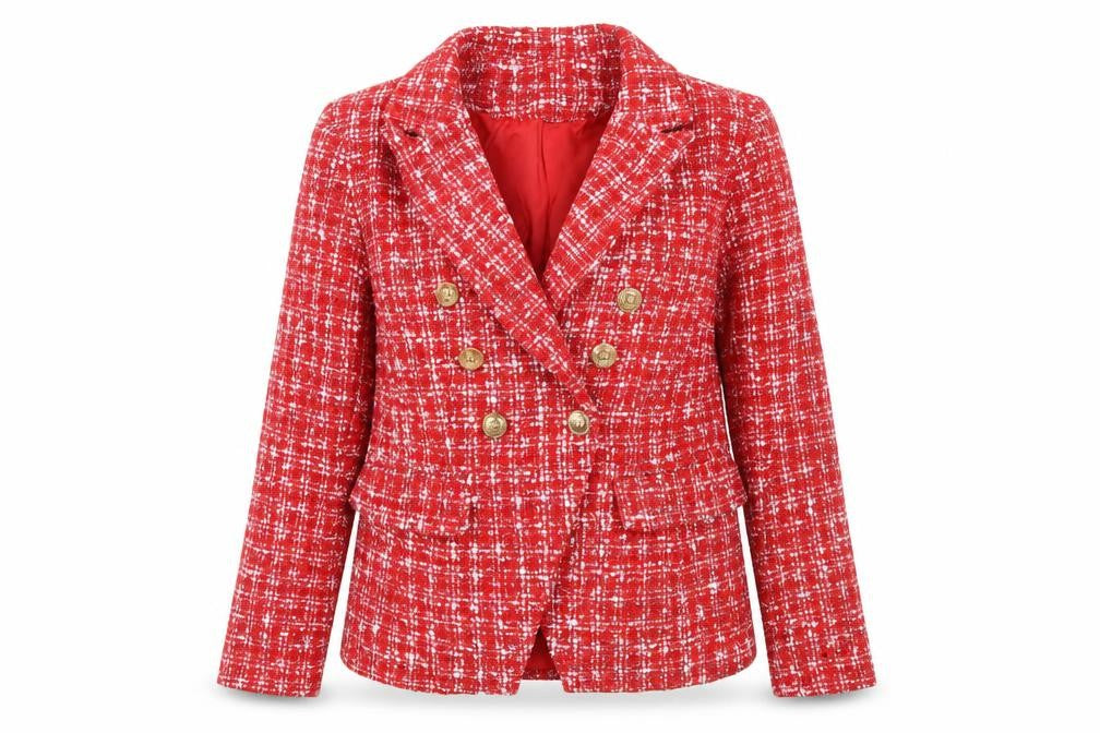 NAANAA Women’s Red Bouclé Double-Breasted Blazer UK 10