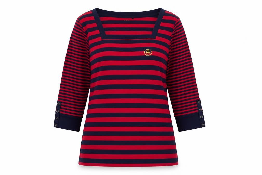Front view of Daniel Ferman women’s red navy striped 3/4 sleeve top, size UK 14