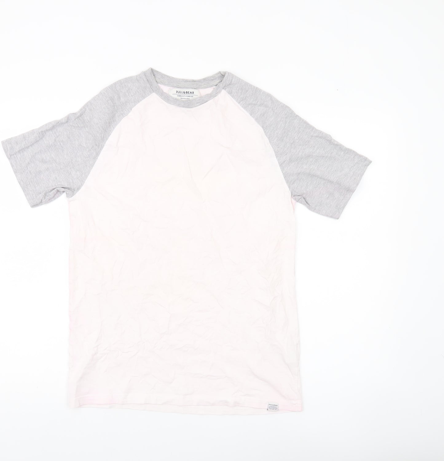 Pull&Bear Men’s Grey White Colourblock T-Shirt Size S Crew Neck