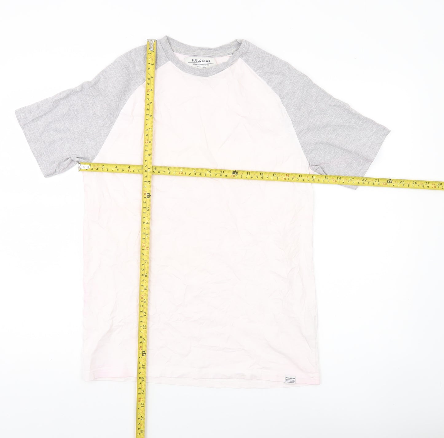 Pull&Bear Men’s Grey White Colourblock T-Shirt Size S Crew Neck