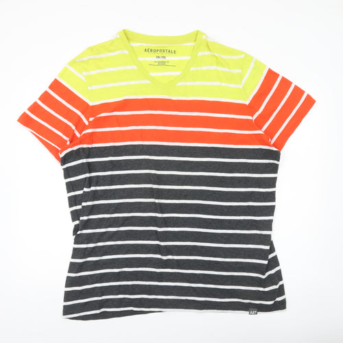 Aeropostale Men’s Multicoloured Striped 2XL V-Neck Cotton T-Shirt