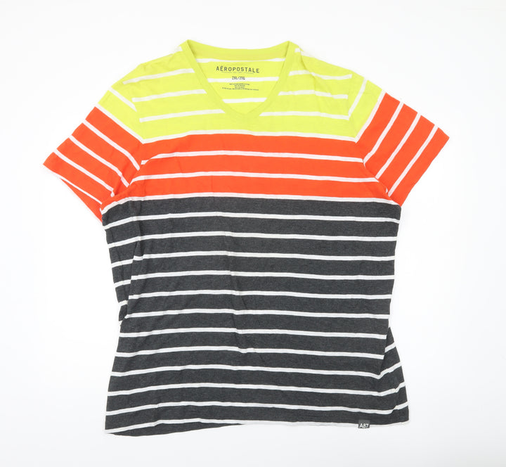 Aeropostale Men’s Multicoloured Striped 2XL V-Neck Cotton T-Shirt