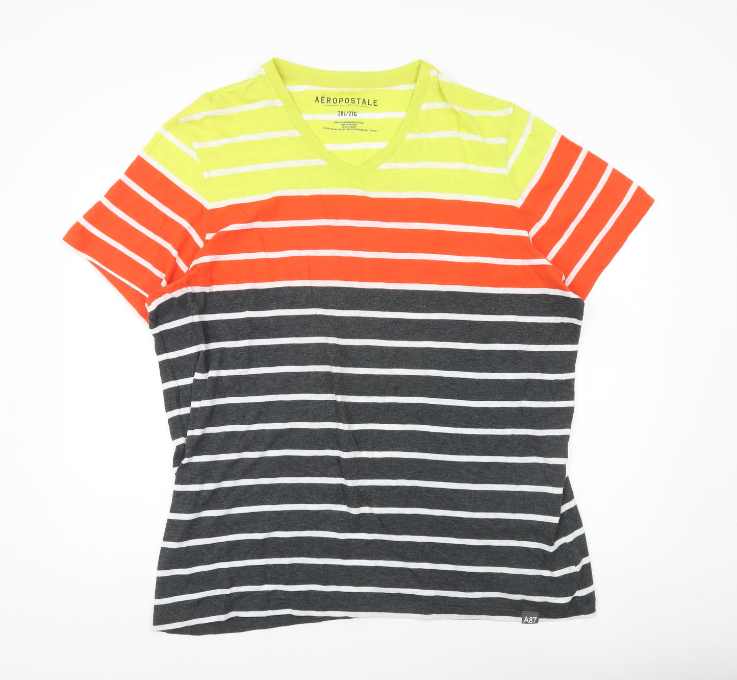Aeropostale Men’s Multicoloured Striped 2XL V-Neck Cotton T-Shirt