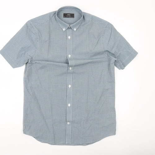 Marks and Spencer Men’s Blue Check Short Sleeve Shirt 15in Regular Fit