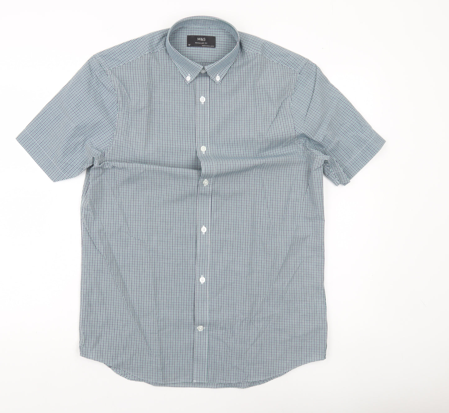 Marks and Spencer Men’s Blue Check Short Sleeve Shirt 15in Regular Fit