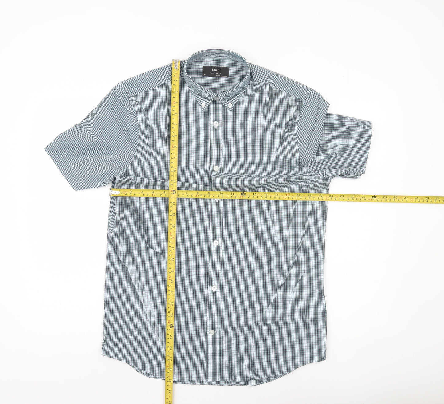 Marks and Spencer Men’s Blue Check Short Sleeve Shirt 15in Regular Fit