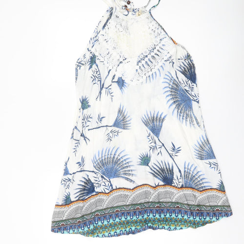 J. Stars Womens White Blue Floral Halter Slip Dress L/XL Summer Boho Beach