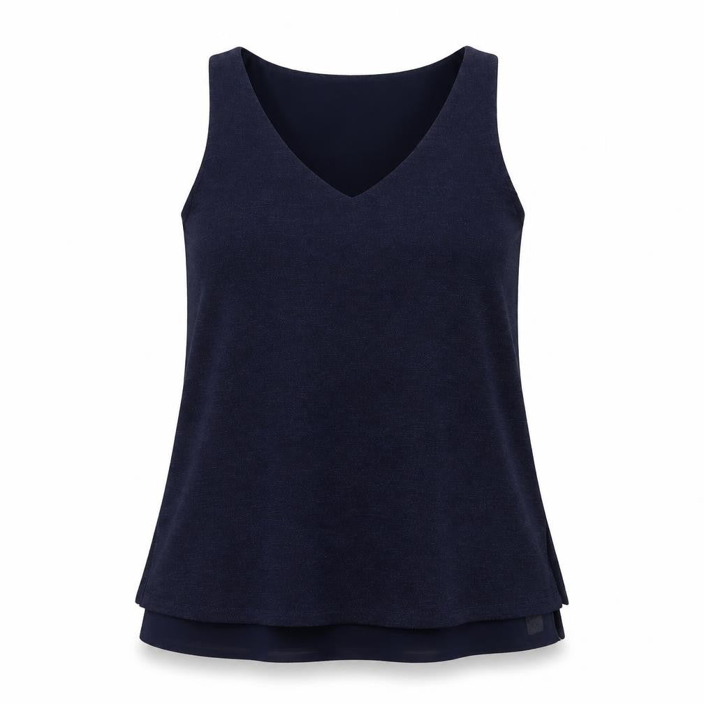 Front view of Dunnes women’s blue v-neck sleeveless tank top, size S