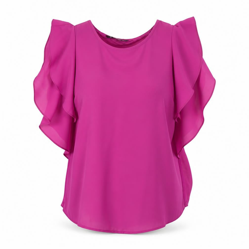 Front view of Dunnes Women Pink Ruffle Sleeve Blouse, size S
