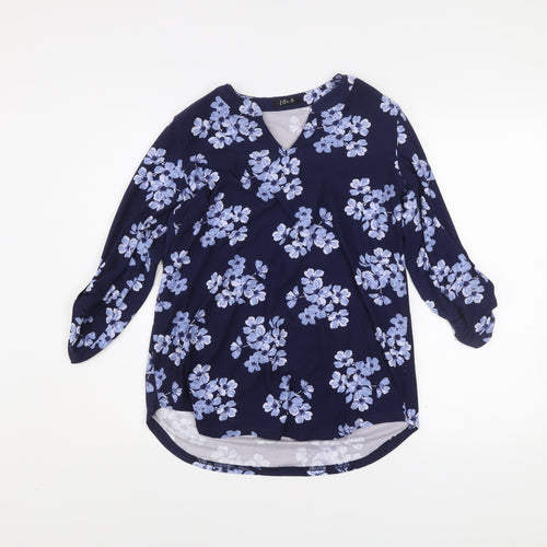 Ellie B Womens Blue Floral Tunic Blouse Size S 3/4 Sleeve V-Neck