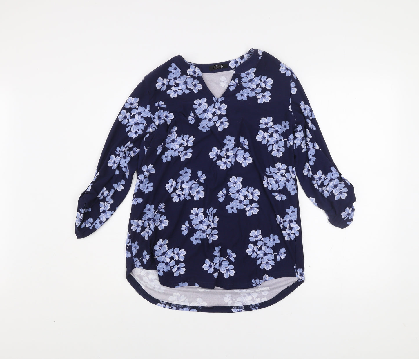 Ellie B Womens Blue Floral Tunic Blouse Size S 3/4 Sleeve V-Neck