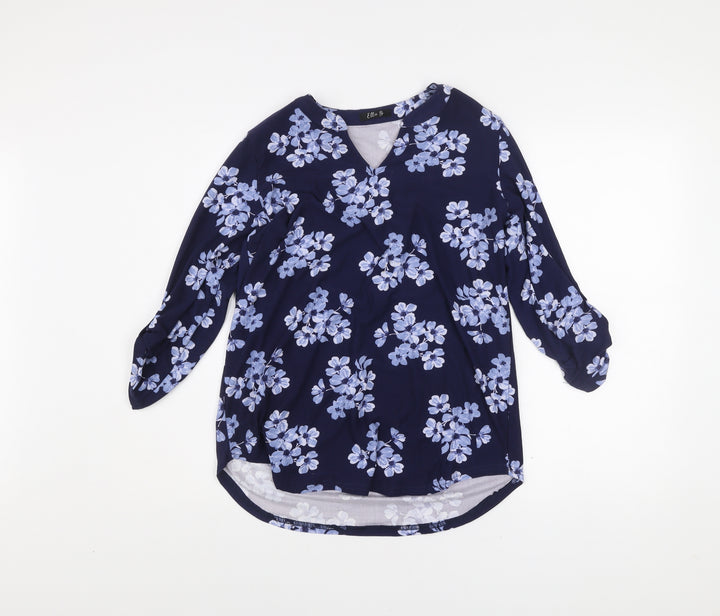 Ellie B Womens Blue Floral Tunic Blouse Size S 3/4 Sleeve V-Neck