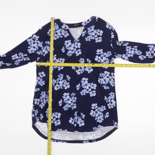 Ellie B Womens Blue Floral Tunic Blouse Size S 3/4 Sleeve V-Neck
