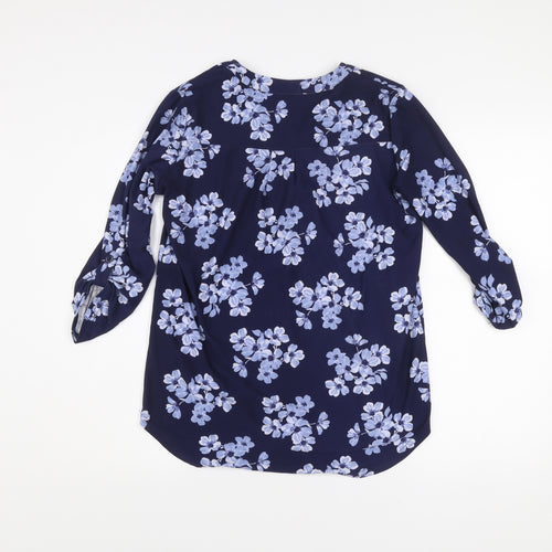 Ellie B Womens Blue Floral Tunic Blouse Size S 3/4 Sleeve V-Neck