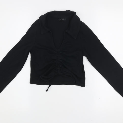 New Look Womens Black Size 12 Collared Cropped Ruched Blouse Top