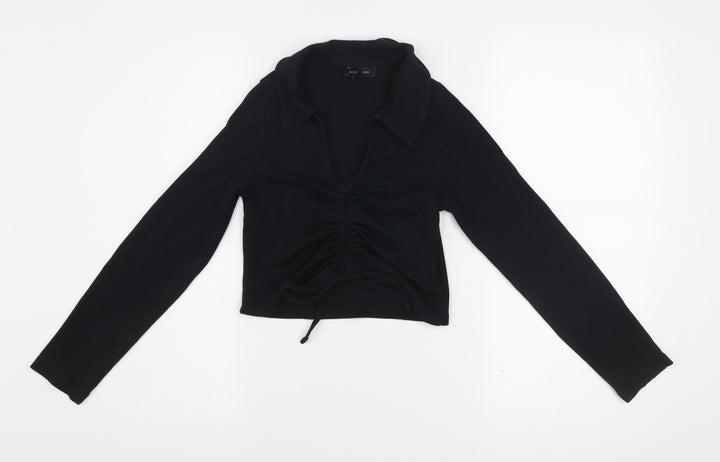 New Look Womens Black Size 12 Collared Cropped Ruched Blouse Top