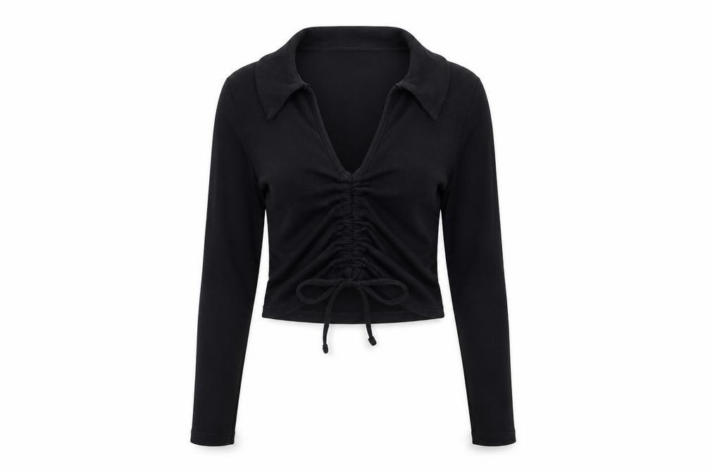 Front view of New Look women’s black, size UK 12, collared cropped ruched blouse top