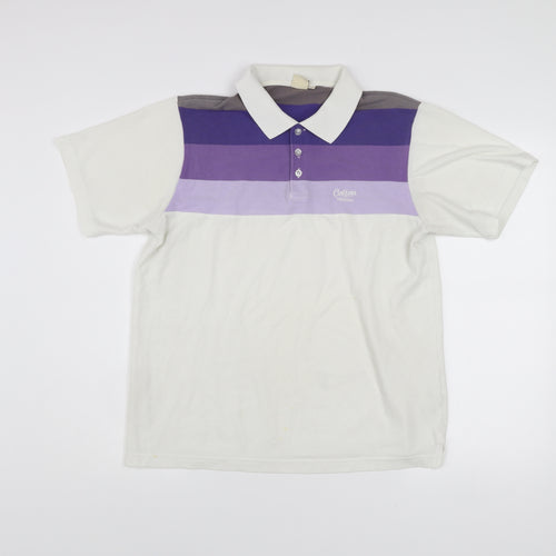 Cotton Traders Men’s White Purple Striped Polo Shirt Size M Short Sleeve