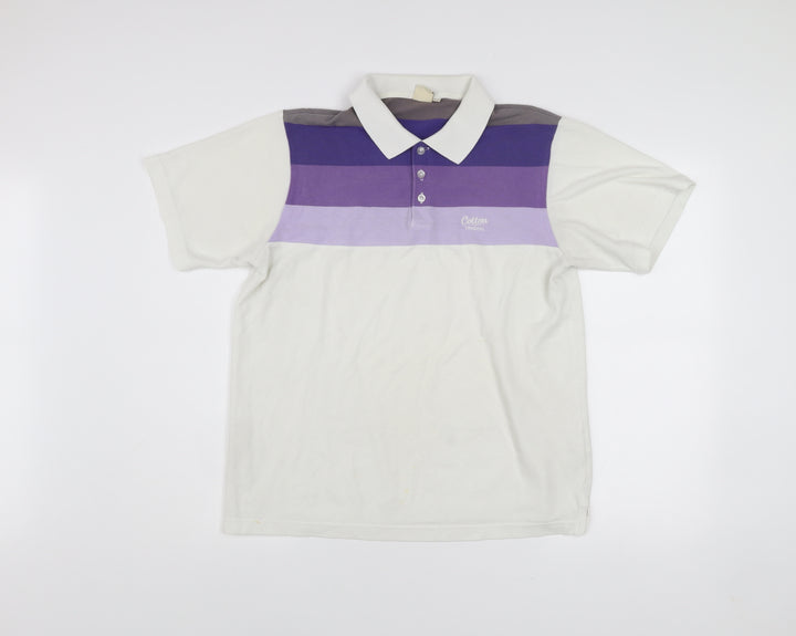 Cotton Traders Men’s White Purple Striped Polo Shirt Size M Short Sleeve
