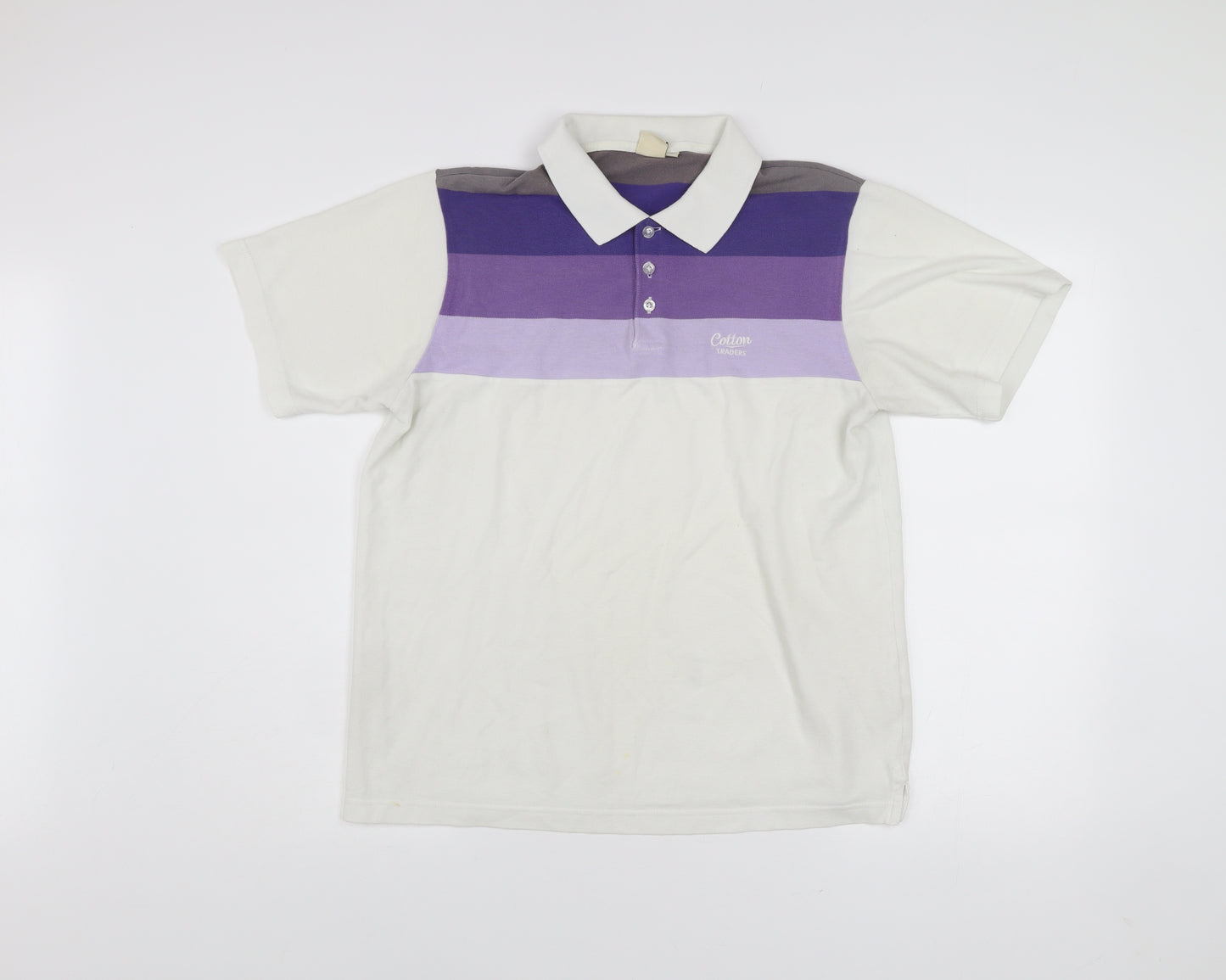 Cotton Traders Men’s White Purple Striped Polo Shirt Size M Short Sleeve
