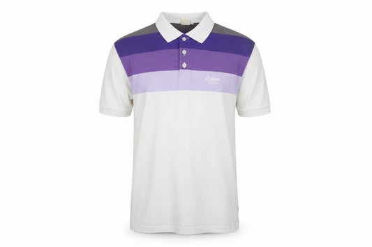 Front view of Cotton Traders Men’s White Purple Striped Polo Shirt, size M, Short Sleeve