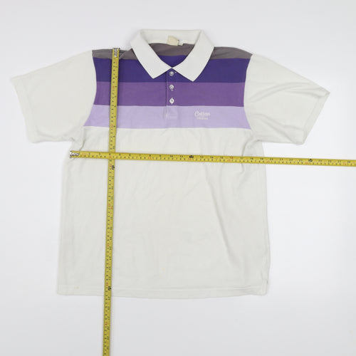 Cotton Traders Men’s White Purple Striped Polo Shirt Size M Short Sleeve