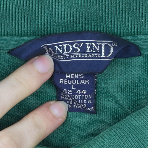 Lands' End Men's Green Cotton Long Sleeve Polo Shirt L Regular Fit