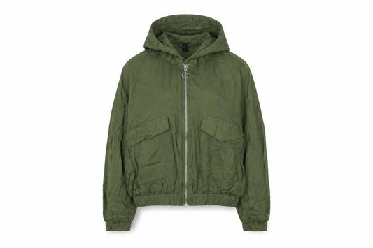 Front view of Rio women’s green xs cropped hooded zip windbreaker jacket