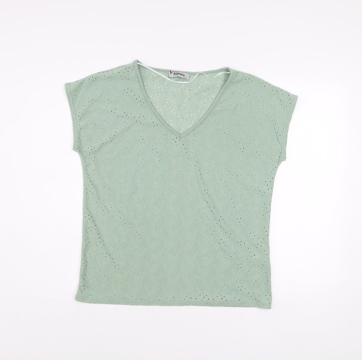 Alexara Womens Green V-Neck Short Sleeve Stretch T-Shirt Size M