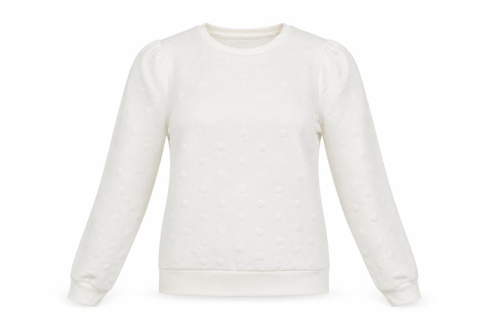 Front view of Savida Women Ivory XS jumper Crew Neck Polka Dot Puff Sleeve